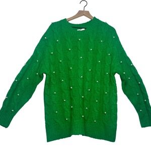 Skies Are Blue Green Cable Knit Wool Blend Pearl Embellished Sweater Medium